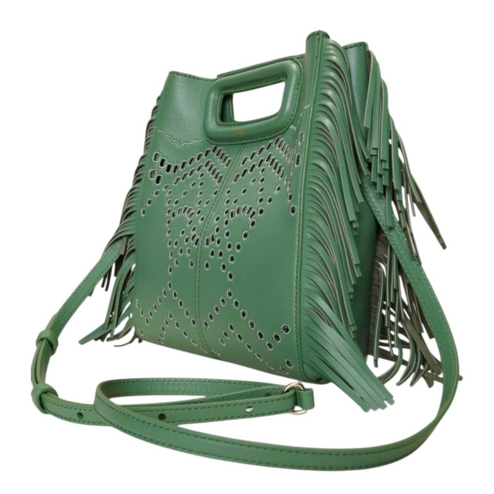 Maje Green Perforated Fringed Leather M Bag Convertible Clutch or Crossbody NWT - Picture 4 of 11